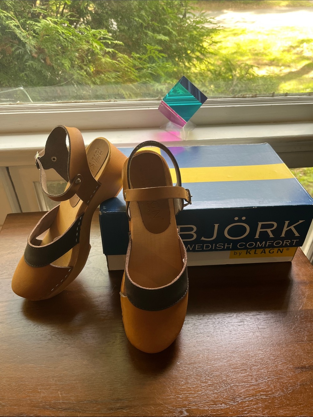 BJÖRK Two-Tone Mustard and Black Clog Mules with Ankle Strap